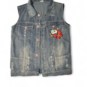 Denim Vest Butterfly Patch and Floral Distressed Pink Buttons Embellished
